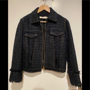 Tory Burch denim trucker jacket with fringes